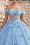 Robe de bal dénudée avec corset perles bleues Corset Quinceañera avec des fleurs 3D