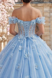 Robe de bal dénudée avec corset perles bleues Corset Quinceañera avec des fleurs 3D