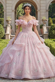 Robe de bal Quinceañera rose pailletée aux volants dénudé