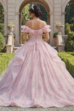 Robe de bal Quinceañera rose pailletée aux volants dénudé