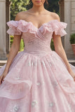 Robe de bal Quinceañera rose pailletée aux volants dénudé