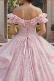 Robe de bal Quinceañera rose pailletée aux volants dénudé