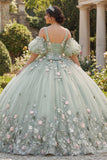 Robe de bal vert sauge 3D Fleurs princesse Quinceañera avec manches bouffantes