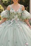 Robe de bal vert sauge 3D Fleurs princesse Quinceañera avec manches bouffantes
