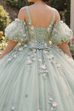 Robe de bal vert sauge 3D Fleurs princesse Quinceañera avec manches bouffantes