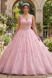 Robe de bal rose pailletée Corset à col V à col Quinceañera