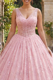Robe de bal rose pailletée Corset à col V à col Quinceañera