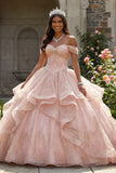 robe de bal rose pailletée à paillettes, à épaules dénudées, robe de bal à volants et perlées