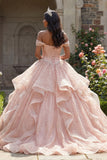 robe de bal rose pailletée à paillettes, à épaules dénudées, robe de bal à volants et perlées