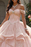 robe de bal rose pailletée à paillettes, à épaules dénudées, robe de bal à volants et perlées