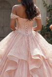 robe de bal rose pailletée à paillettes, à épaules dénudées, robe de bal à volants et perlées