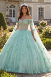 Robe de bal corset 3D en fleurs 3D à perles vert clair avec manches cape