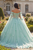 Robe de bal corset 3D en fleurs 3D à perles vert clair avec manches cape