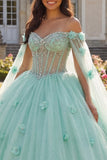 Robe de bal corset 3D en fleurs 3D à perles vert clair avec manches cape