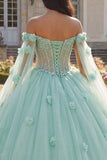 Robe de bal corset 3D en fleurs 3D à perles vert clair avec manches cape