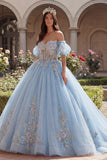 Robe de bal bleu ciel, corset appliqué à l’épaule décollée, robe quinceañera avec manches bouffantes