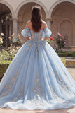 Robe de bal bleu ciel, corset appliqué à l’épaule décollée, robe quinceañera avec manches bouffantes
