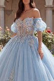 Robe de bal bleu ciel, corset appliqué à l’épaule décollée, robe quinceañera avec manches bouffantes