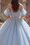 Robe de bal bleu ciel, corset appliqué à l’épaule décollée, robe quinceañera avec manches bouffantes