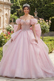 Robe de bal Corset rose perlé décollant sur les épaules, robe quinceañera avec un grand nœud