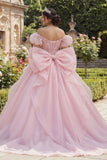 Robe de bal Corset rose perlé décollant sur les épaules, robe quinceañera avec un grand nœud