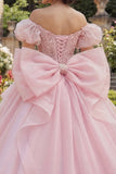 Robe de bal Corset rose perlé décollant sur les épaules, robe quinceañera avec un grand nœud