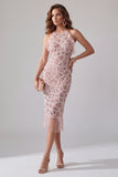 Robe cocktail midi à dos nus perlée à volants à roues scintillantes body-blush avec des franges