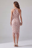 Robe cocktail midi à dos nus perlée à volants à roues scintillantes body-blush avec des franges