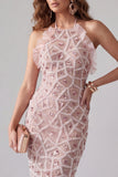 Robe cocktail midi à dos nus perlée à volants à roues scintillantes body-blush avec des franges