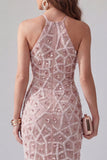 Robe cocktail midi à dos nus perlée à volants à roues scintillantes body-blush avec des franges