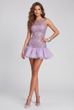 Robe cocktail courte à col rond perlée aux perles lilas scintillantes avec volants