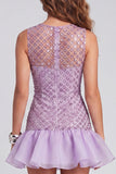 Robe cocktail courte à col rond perlée aux perles lilas scintillantes avec volants