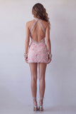 Robe cocktail à dos nù rose rose étincelant fleuri perlée, courte et dos ouvert