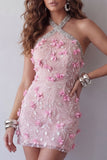 Robe cocktail à dos nù rose rose étincelant fleuri perlée, courte et dos ouvert