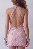 Robe cocktail à dos nù rose rose étincelant fleuri perlée, courte et dos ouvert