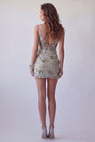 Robe-cocktail corset courte courte à perles en sauge scintillante à col en V poussiéreux