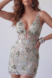 Robe-cocktail corset courte courte à perles en sauge scintillante à col en V poussiéreux