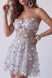 Corset argenté scintillant Ligne A Straps fines Short robe cocktail perlée à fleurs