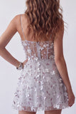 Corset argenté scintillant Ligne A Straps fines Short robe cocktail perlée à fleurs
