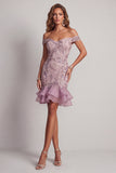 Robe cocktail courte à perles liles, épaule dénudée, avec volants
