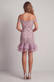 Robe cocktail courte à perles liles, épaule dénudée, avec volants