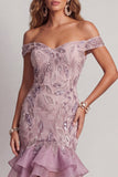 Robe cocktail courte à perles liles, épaule dénudée, avec volants