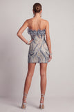 Robe cocktail courte courte moulante à perles bleu poussiéreux et scintillante