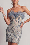 Robe cocktail courte courte moulante à perles bleu poussiéreux et scintillante