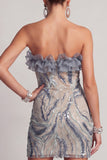 Robe cocktail courte courte moulante à perles bleu poussiéreux et scintillante
