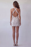 Robe cocktail courte et moulante à dos ouvert en argent, dos à perles et scintillante florale