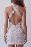 Robe cocktail courte et moulante à dos ouvert en argent, dos à perles et scintillante florale
