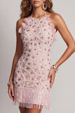 Robe cocktail à dos nus à volants à volants scintillante Short à frange