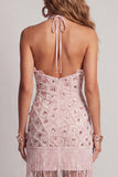 Robe cocktail à dos nus à volants à volants scintillante Short à frange