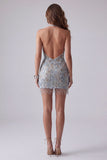 Robe cocktail courte courte et moulante dorsal gris-bleu bleu scintillante